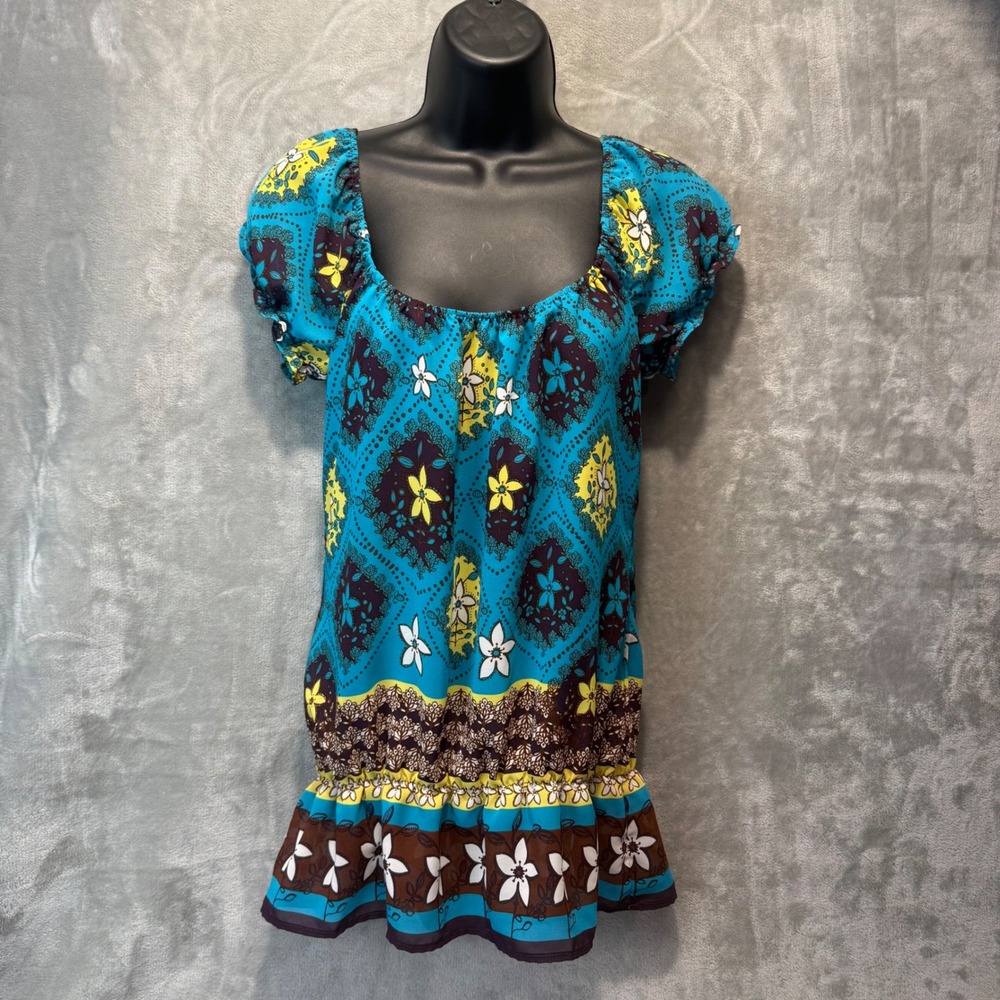6 Degrees Women Blue Floral Medallion Puff Sleeve Smocked Peplum Top Size S